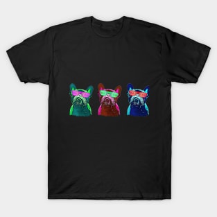 French bulldogs with colorfull psychelic glasses,  80s style neon T-Shirt